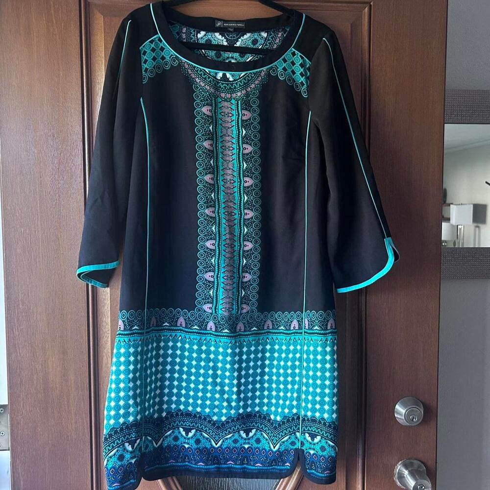 Adrianna Papell Designer black and Teal Large Boho Dress Womens